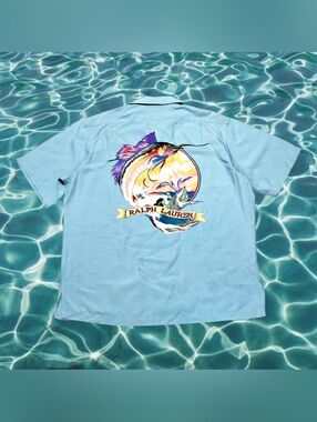 Ralph Lauren Light Blue Short-Sleeve Button-Down with Multicolor Fish Graphic